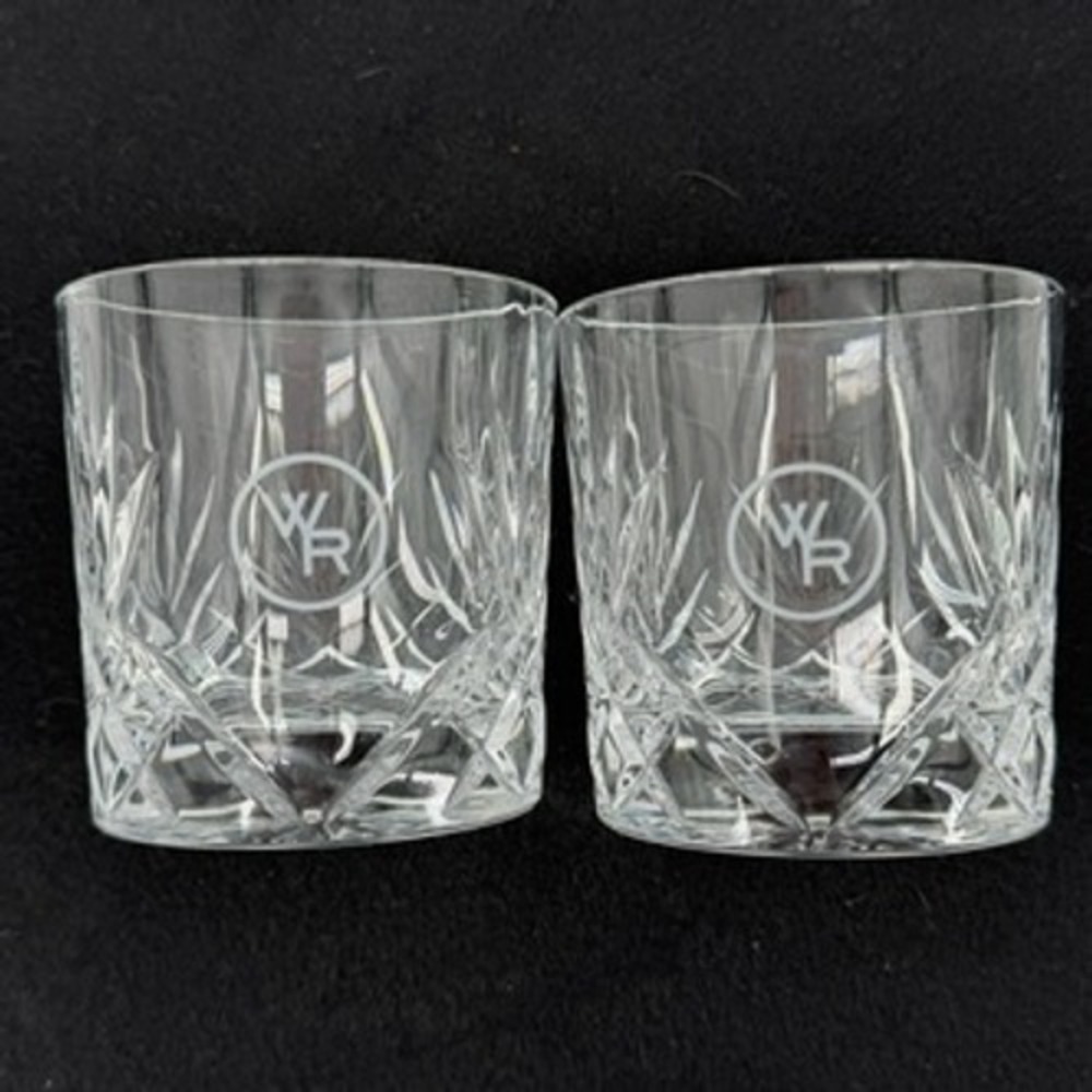 Woodford Reserve Bourbon Whiskey Glasses Set of 2 Etched WR Logo Cut Glass Rocks